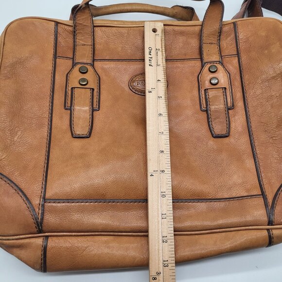 FOSSIL Brown Leather Laptop Bag Satchel  Messenger Shoulder Strap y2k acadamia - Picture 3 of 16